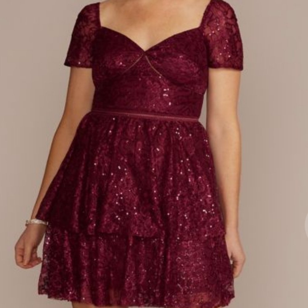 Short sleeve illusion lace tiered ruffle dress NWT